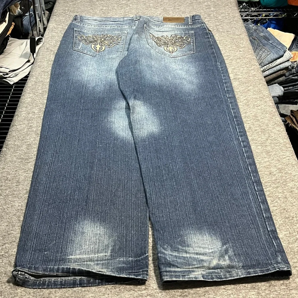 Brooklyn Xpress Mens Baggy Wide Leg Embroidered Jeans Blue 40x34 Y2K Streetwear